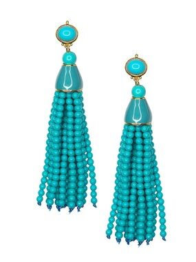 Kenneth Jay Lane Turquoise Blue Long Beaded Tassel Statement Earrings